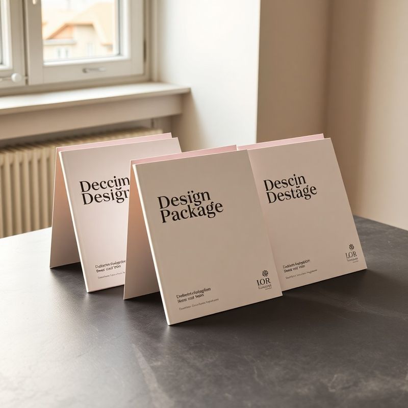 Tři úhledně rozložené složky s designovými balíčky na šedém stole